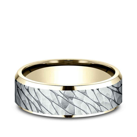 Benchmark Men's 7mm Beveled Edge Hammered Finish Wedding Ring in 10K Yellow & White Gold