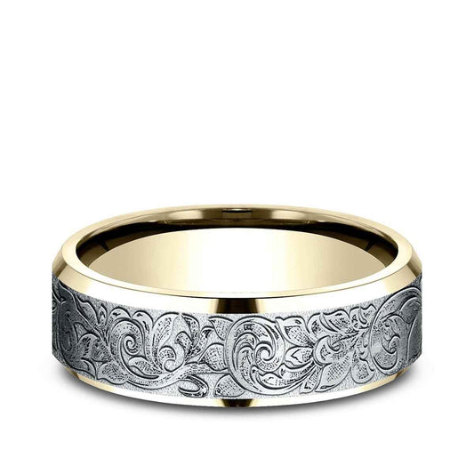 Benchmark Men's 7mm Beveled Edge London Script Wedding Ring in 10K Yellow & White Gold