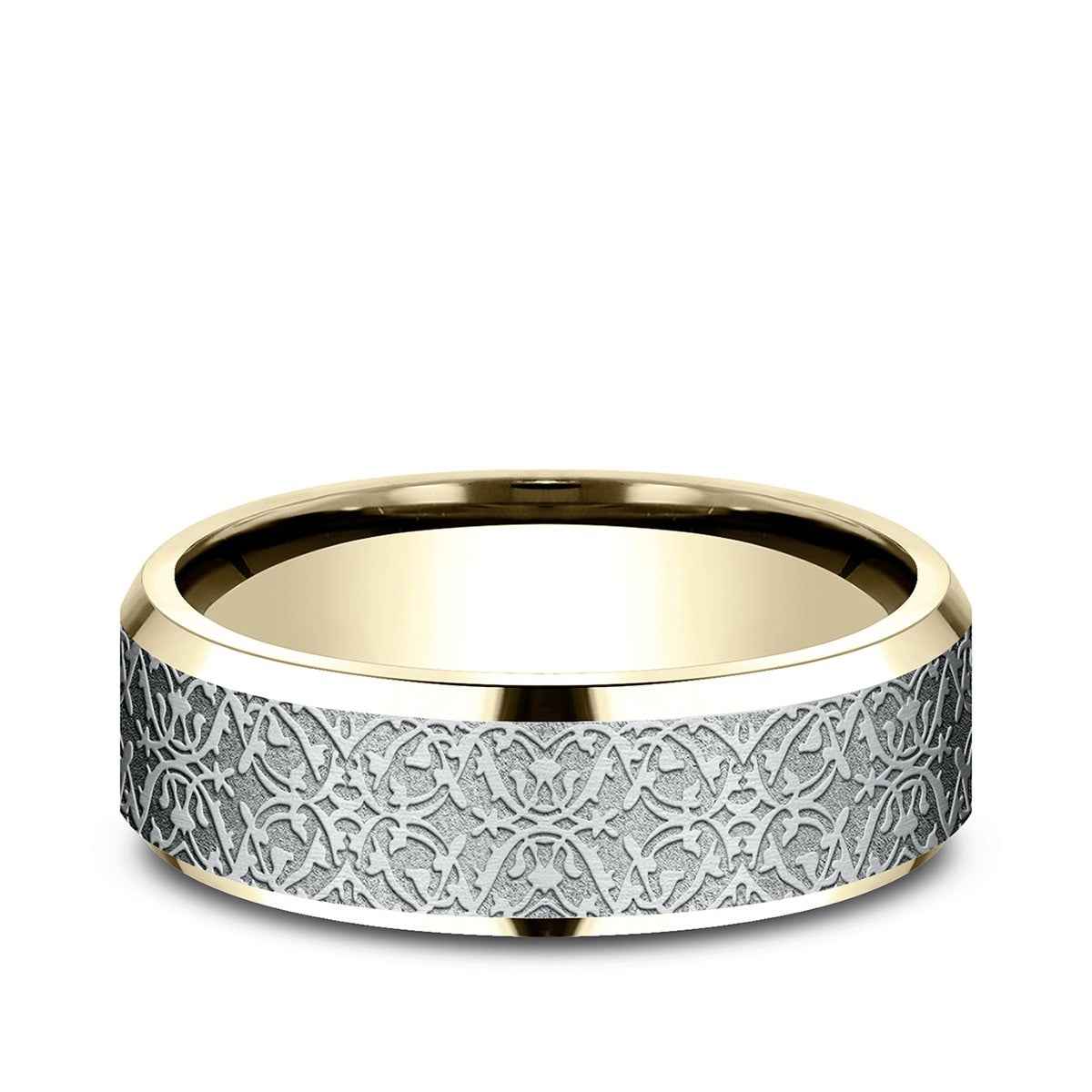 Benchmark Men's 7mm Beveled Edge Ottoman Finish Wedding Ring in 10K Yellow & White Gold
