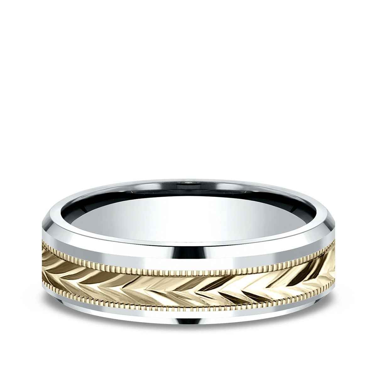 Benchmark Men's 6mm Beveled Edge Carved Wedding Ring in 14K White & Yellow Gold