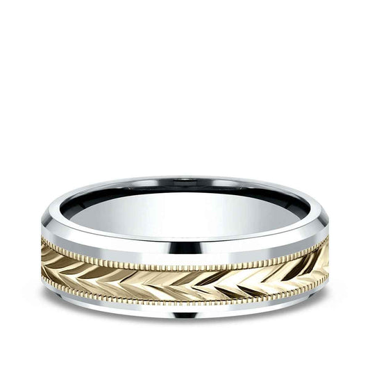 Benchmark Men's 6mm Beveled Edge Carved Wedding Ring in 14K White & Yellow Gold