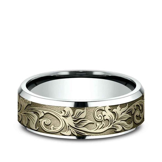 Benchmark Men's 7mm Beveled Edge Vintage Script Wedding Ring in 10K White & Yellow Gold