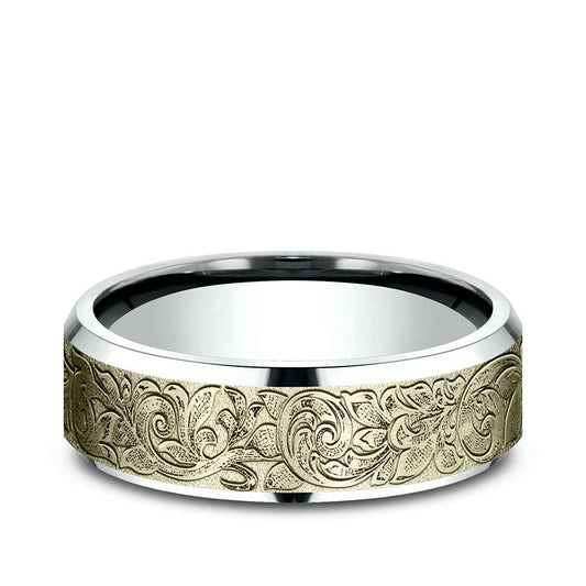 Benchmark Men's 7mm Beveled Edge London Script Wedding Ring in 10K White & Yellow Gold