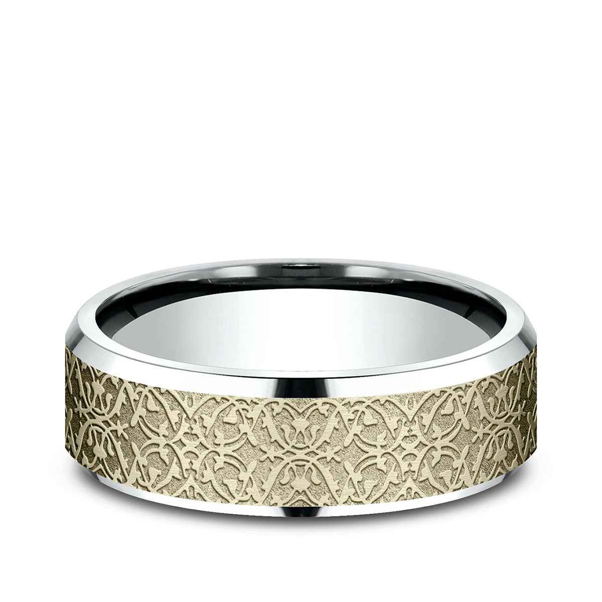 Benchmark Men's 7mm Beveled Edge Ottoman Finish Wedding Ring in 10K White & Yellow Gold