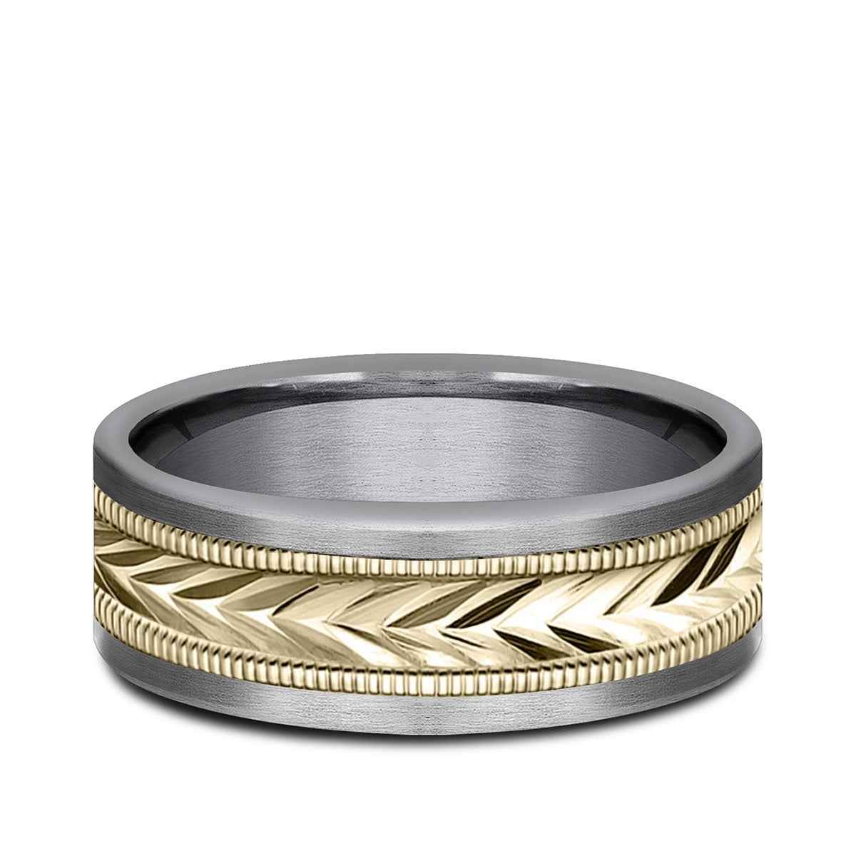 Benchmark Men's 7mm Straight Edge Carved Wedding Ring in Grey Tantalum & 14K Yellow Gold