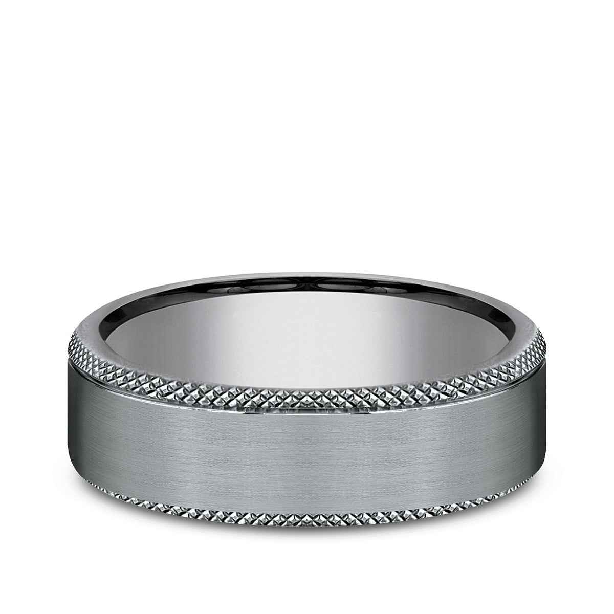 Benchmark Men's 6.5mm Knurl Edge Satin Finish Wedding Ring in Grey Tantalum