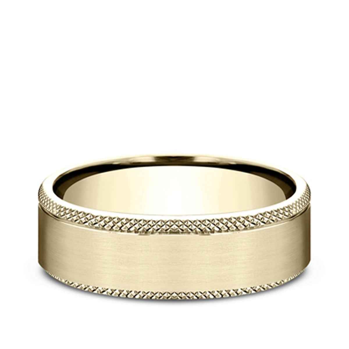 Benchmark Men's 6.5mm Knurl Edge Satin Finish Wedding Ring in 10K Yellow Gold