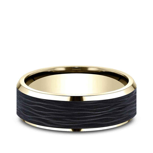 Benchmark Men's 7mm Beveled Edge Wedding Ring in 14K Yellow Gold & Carbon Fiber