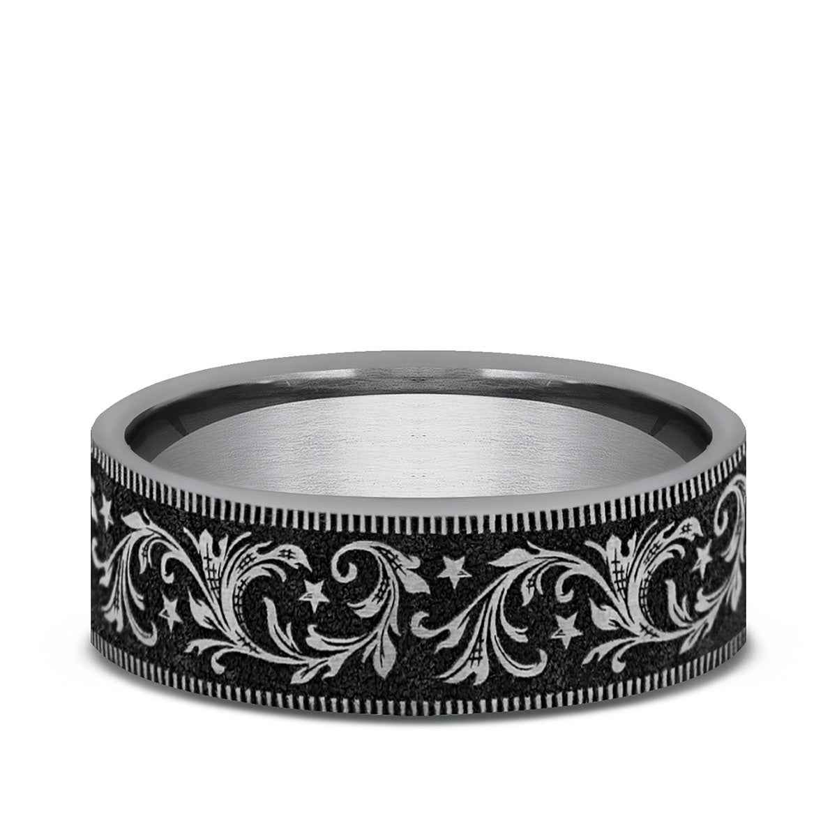 Benchmark Men's 7mm Milgrain Edge Barrel Script Wedding Ring in Tungsten