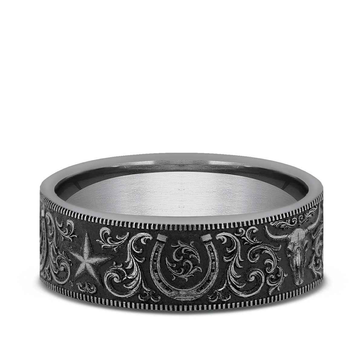 Benchmark Men's 7mm Milgrain Edge Western Script Wedding Ring in Tungsten