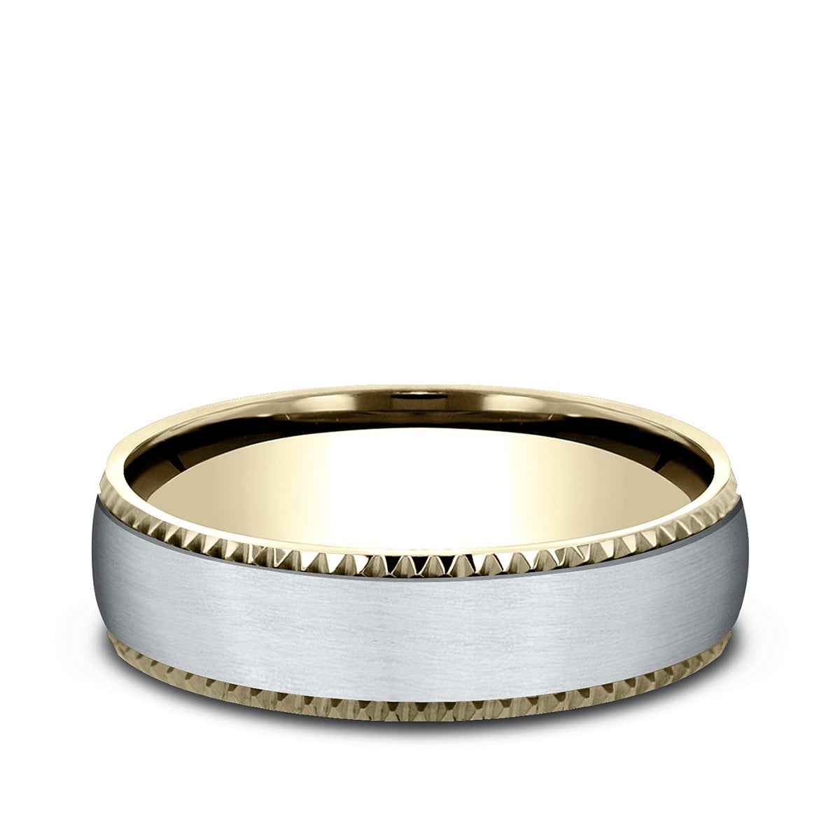 Benchmark Men's 6.5mm Gear Cut Edge Satin Finish Wedding Ring in 14K Yellow & White Gold