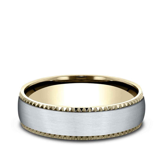 Benchmark Men's 6.5mm Gear Cut Edge Satin Finish Wedding Ring in 14K Yellow & White Gold