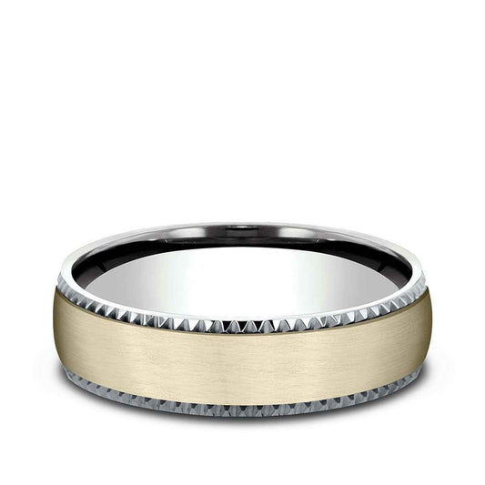 Benchmark Men's 6.5mm Gear Cut Edge Satin Finish Wedding Ring in 14K White & Yellow Gold
