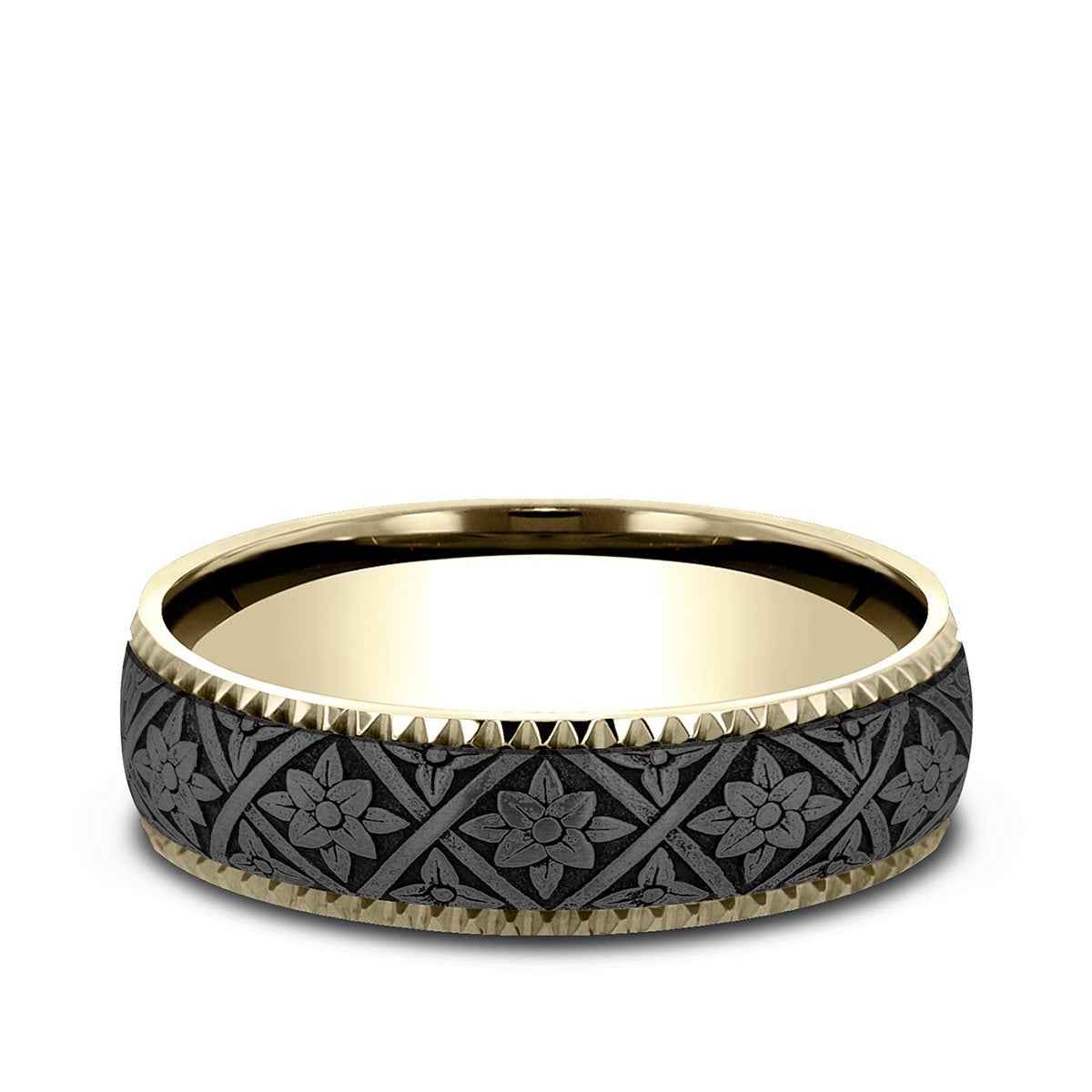 Benchmark Men's 6.5mm Gear Edge Floral Weave Wedding Ring in 14K Yellow Gold & Grey Tantalum