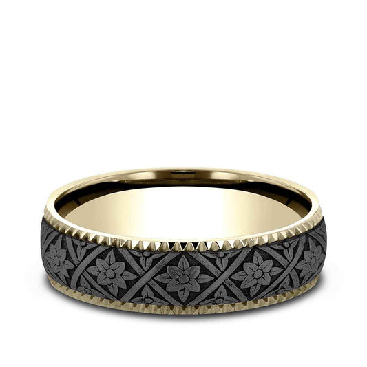 Benchmark Men's 6.5mm Gear Edge Floral Weave Wedding Ring in 14K Yellow Gold & Grey Tantalum