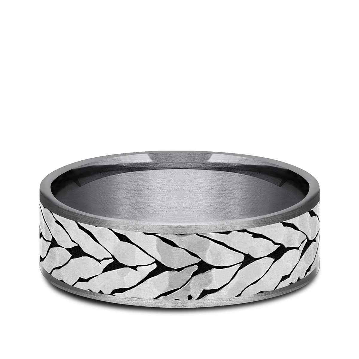 Benchmark Men's 7.5mm Hammered Chevron Wedding Ring in Grey Tantalum & Black Titanium