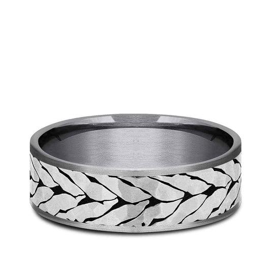 Benchmark Men's 7.5mm Hammered Chevron Wedding Ring in Grey Tantalum & Black Titanium