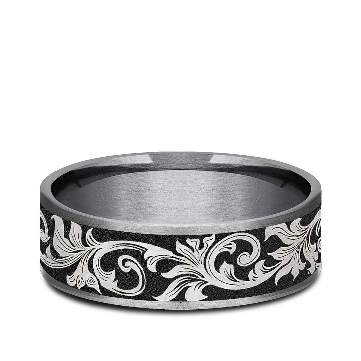 Benchmark Men's 7.5mm Vintage Script Wedding Ring in Grey Tantalum & Black Titanium