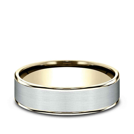 Benchmark Men's 6.5mm Polished Edge Satin Finish Wedding Ring in 14K White & Yellow Gold