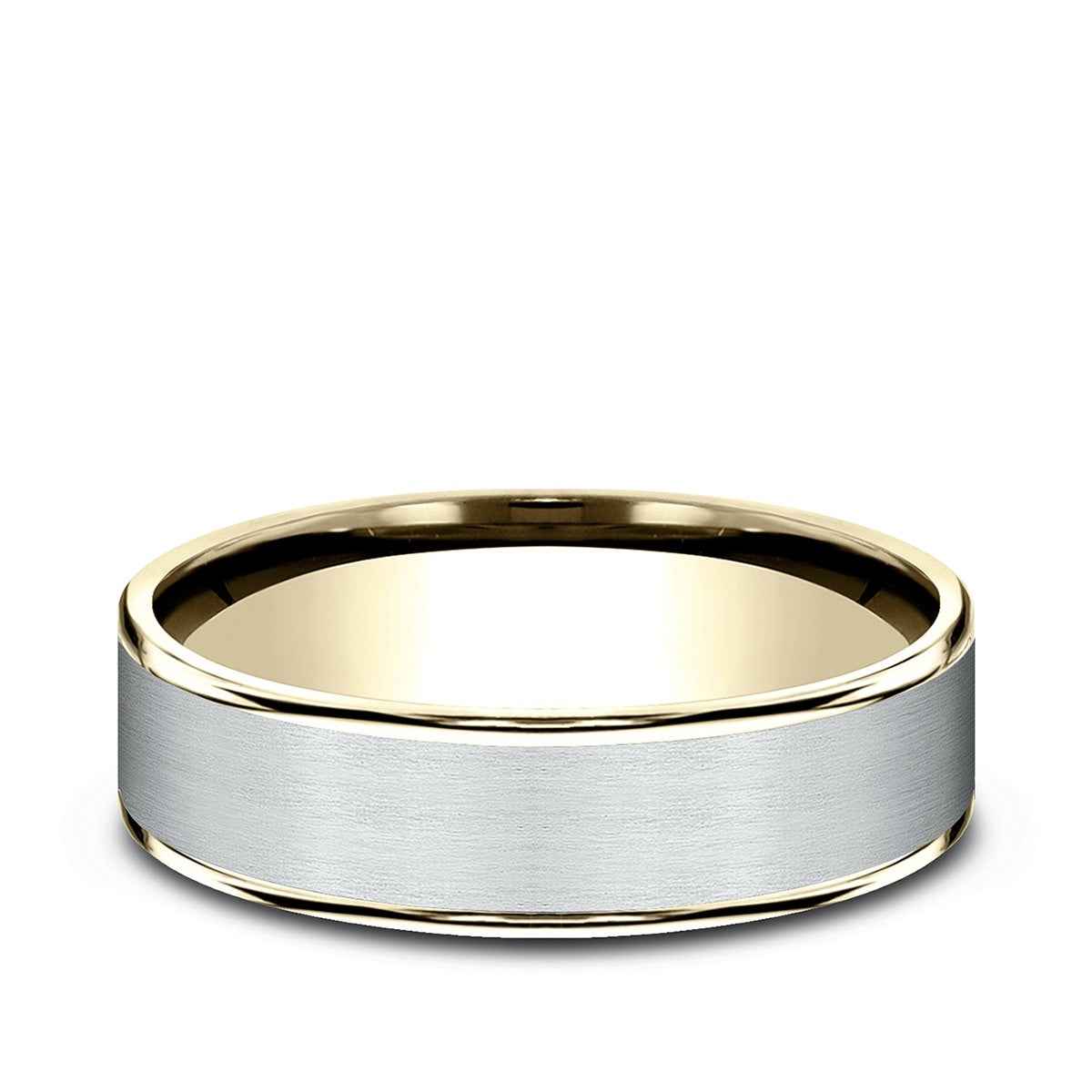 Benchmark Men's 6.5mm Polished Edge Satin Finish Wedding Ring in 14K White & Yellow Gold