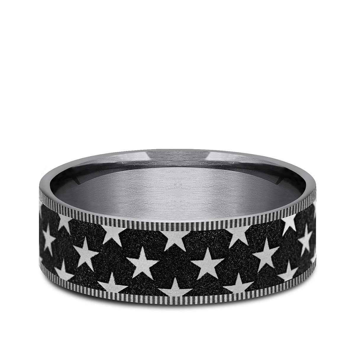Benchmark Men's 7.5mm Milgrain Edge Star Pattern Wedding Ring in Grey Tantalum & Black Titanium