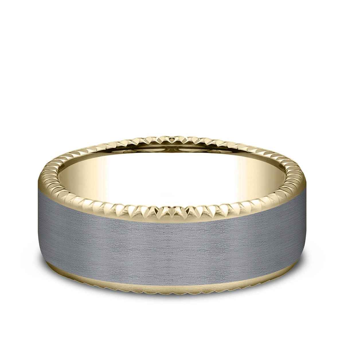 Benchmark Men's 7.5mm Fluted Face Satin Finish Wedding Ring in 14K Yellow Gold & Grey Tantalum