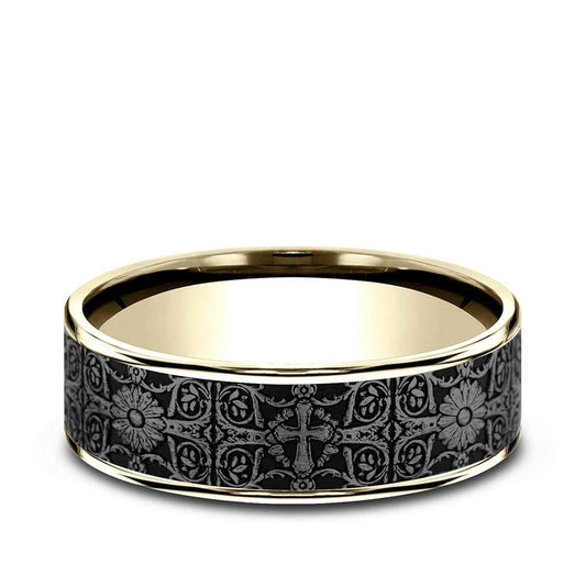 Benchmark Men's 7.5mm Cross Tile Desing Wedding Ring in 14K Yellow Gold & Grey Tantalum