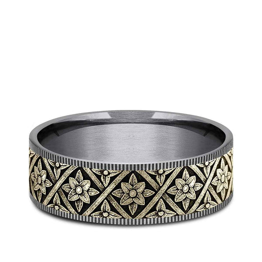 Benchmark Men's 7.5mm Thin Edge Floral Weave Wedding Ring in Grey Tantalum