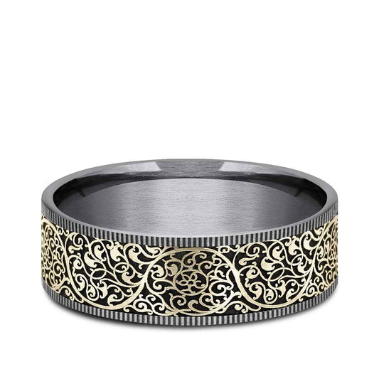 Benchmark Men's 7.5mm Arabesque Design Wedding Ring in Grey Tantalum & 14K Yellow Gold