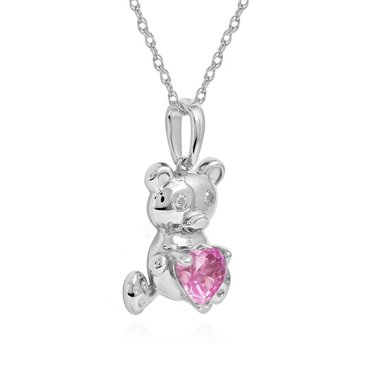 Created Heart Pink & White Sapphire Teddy Bear Pendant in Sterling Silver front view