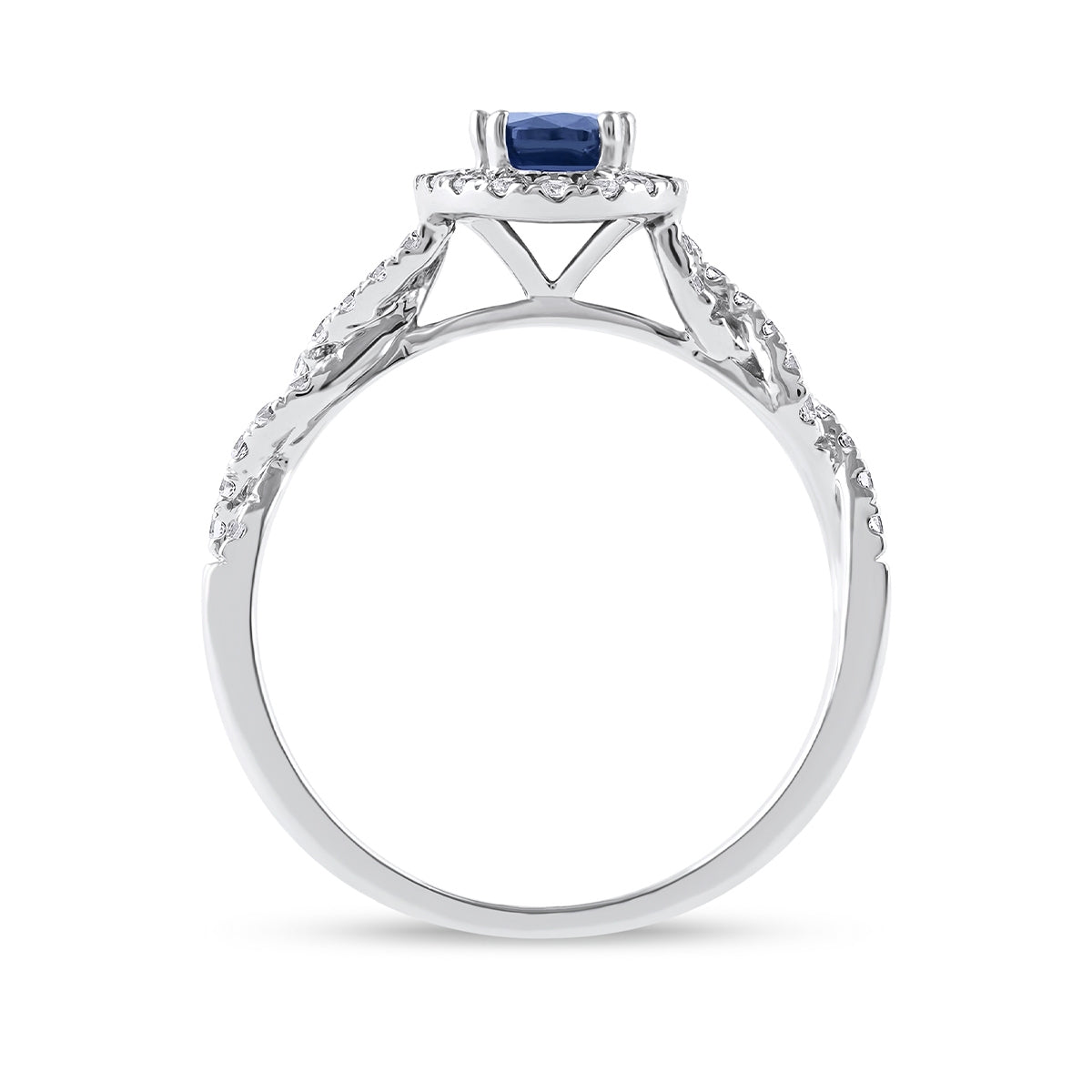 Oval Sapphire & 1/3 ct. tw. Diamond Halo Twist Engagement Ring in 14K White Gold close-up detail