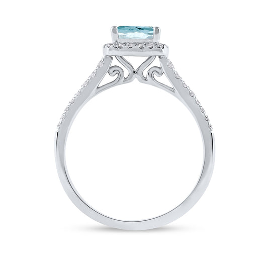 Cushion Aquamarine & 1/3 ct. tw. Diamond Halo Engagement Ring in 14K White Gold close-up detail