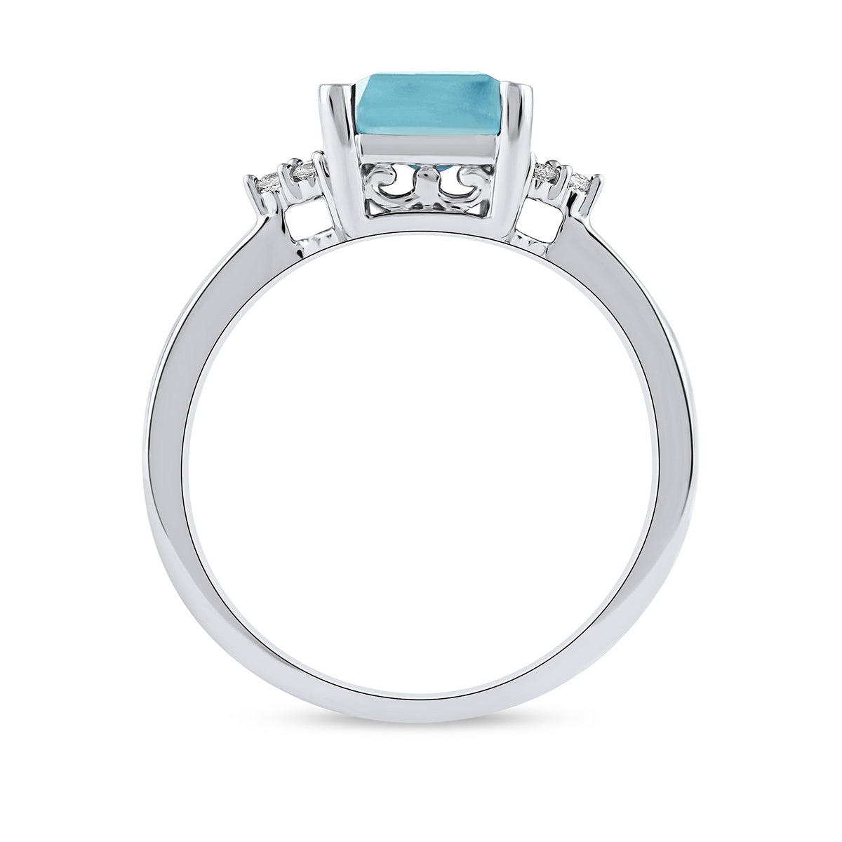 Emerald Cut Aquamarine & Diamond Accent Engagement Ring in 14K White Gold close-up detail