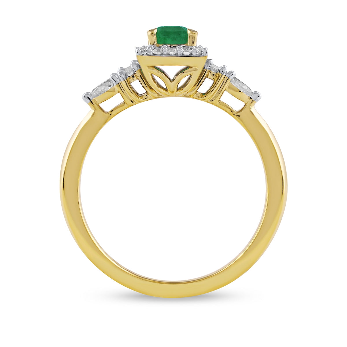 Emerald Cut Emerald & 1/4 ct. tw. Pear & Round Diamond Halo Ring in 14K Yellow Gold close-up detail