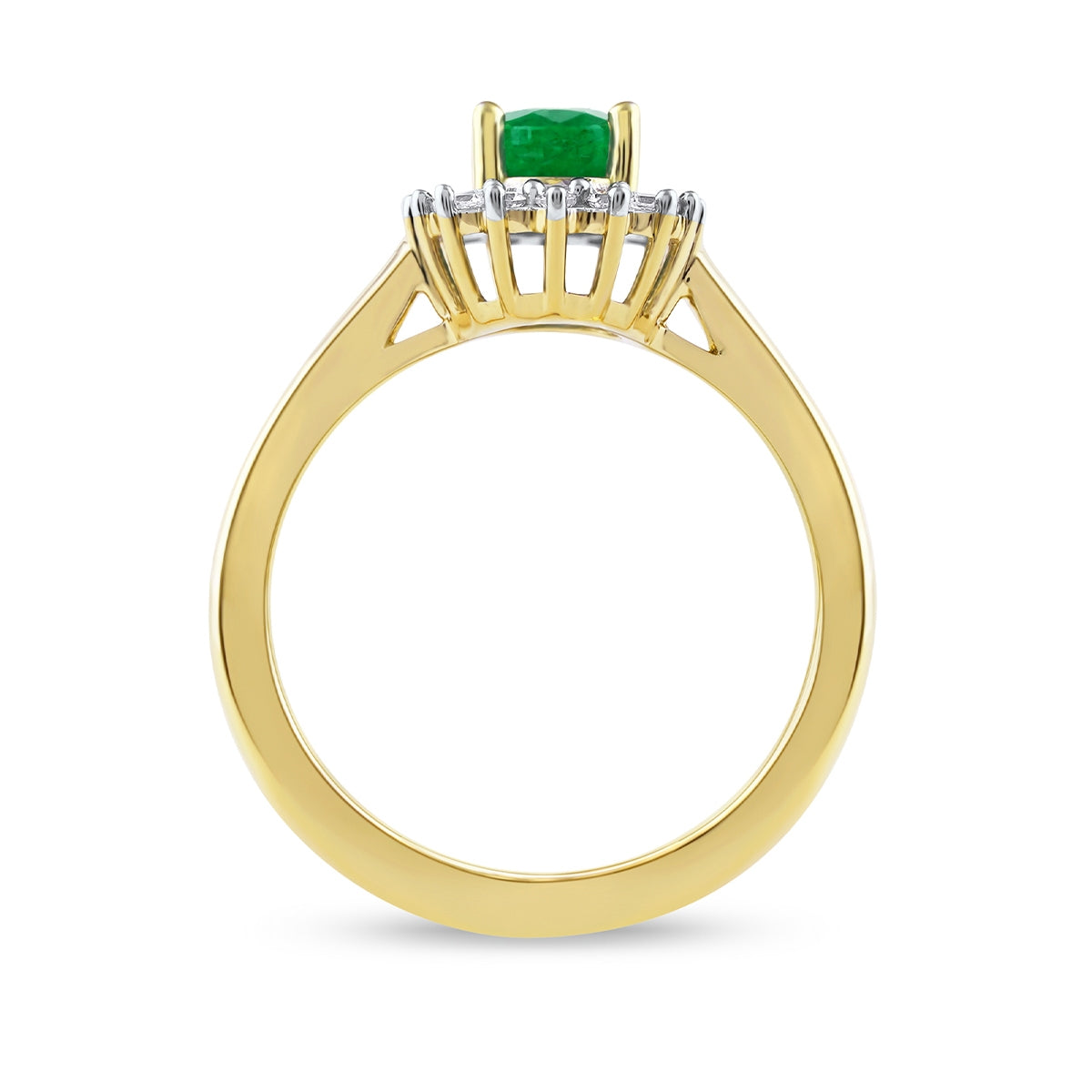 Oval Emerald & 1/5 ct. tw. Baguette & Round Diamond Halo Engagement Ring in 14K Yellow Gold close-up detail