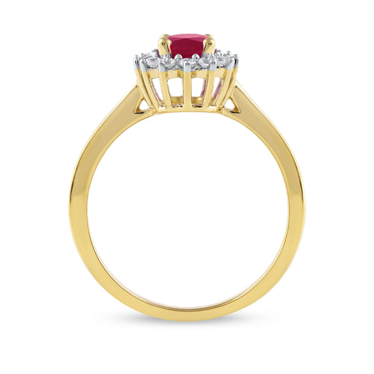 Oval Ruby & 1/5 ct. tw. Diamond Halo Engagement Ring in 14K Yellow Gold close-up detail