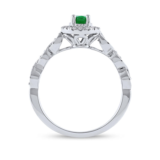 Oval Emerald & 1/5 ct. tw. Diamond Halo Twist Engagement Ring in 14K White Gold close-up detail