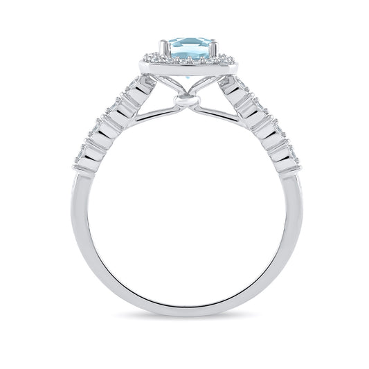 Cushion Aquamarine & 1/6 ct. tw. Diamond Halo Engagement Ring in 14K White Gold close-up detail