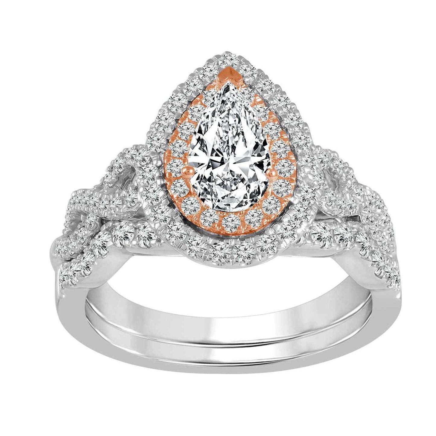 Amaura Collection 1-3/8 ct. tw Pear Shaped Double Halo Wedding Set with Infinity Inspired Twist Band in 14K White & Pink Gold