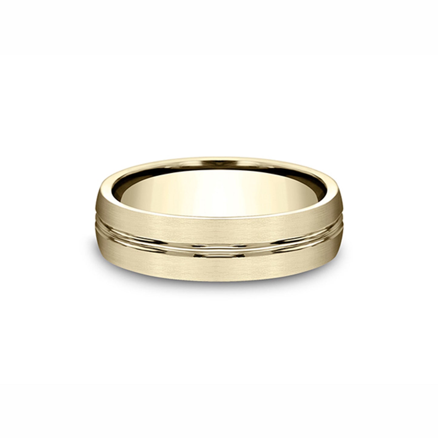 Benchmark Men's Satin Center Comfort-Fit Wedding Band in 10K Yellow Gold close-up detail