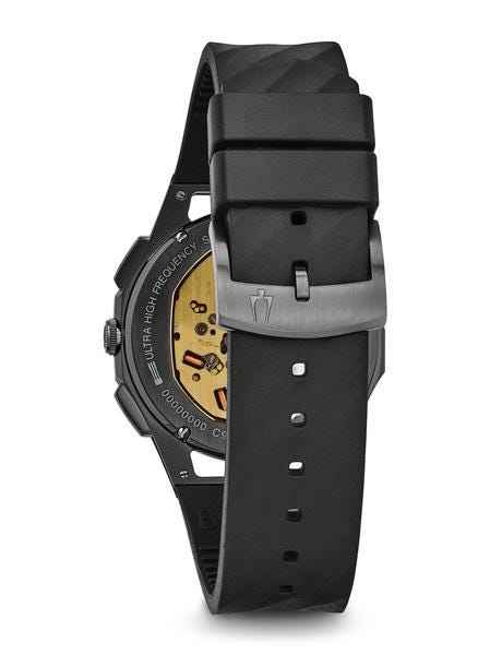 Bulova CURV Collection Men's Grey Exhibition Chronograph Watch in Black Titanium & Stainless Steel Case with close-up detail
