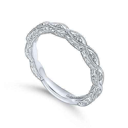 Gabriel & Co. 1/8 ct. tw. Vintage-Style Diamond Wedding Band with Milgrain Detailing in 14K White Gold close-up detail