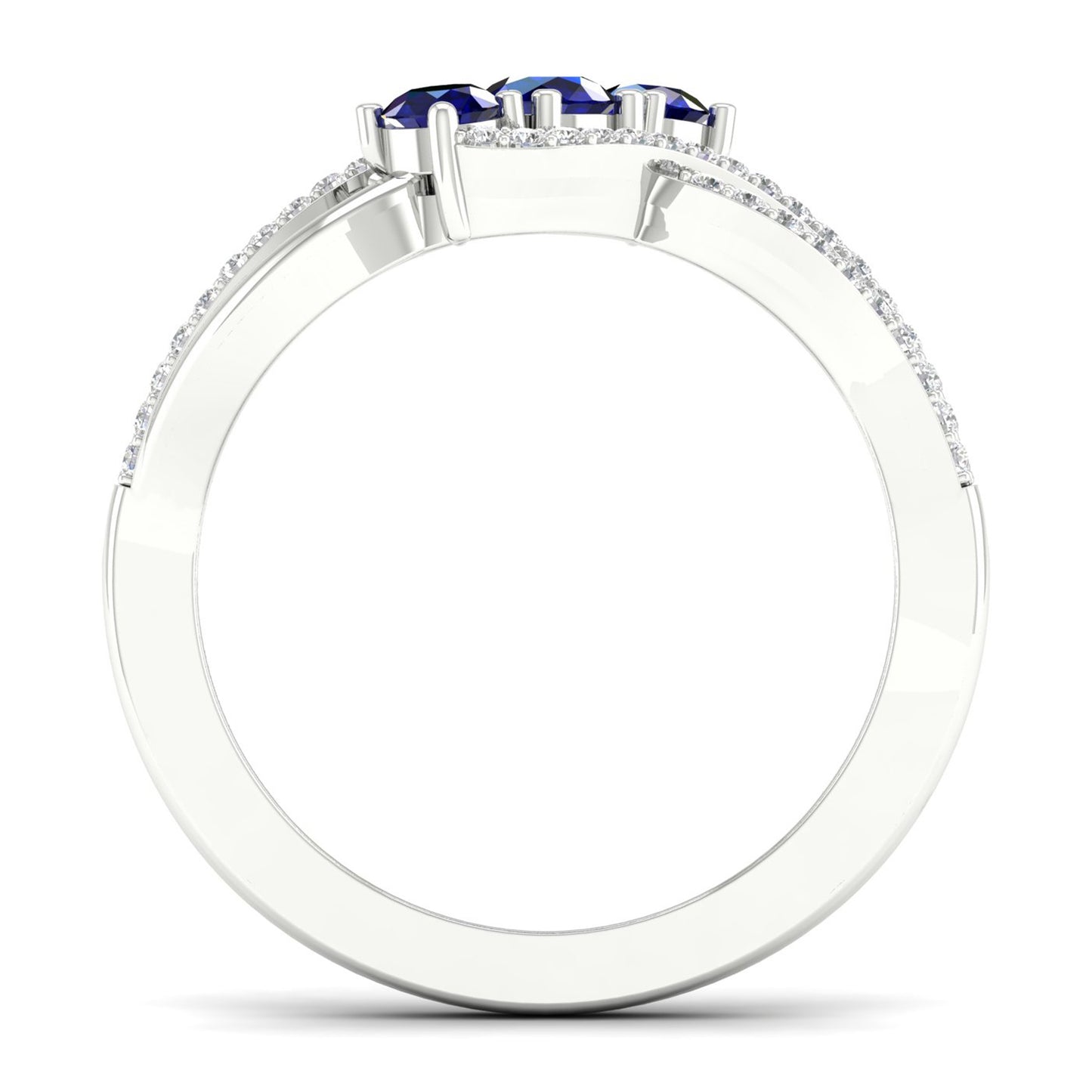 Blue Sapphire and 1/6 ct. tw. 3-Stone Diamond Fashion Ring with Split Upper Band in 10K White Gold side profile