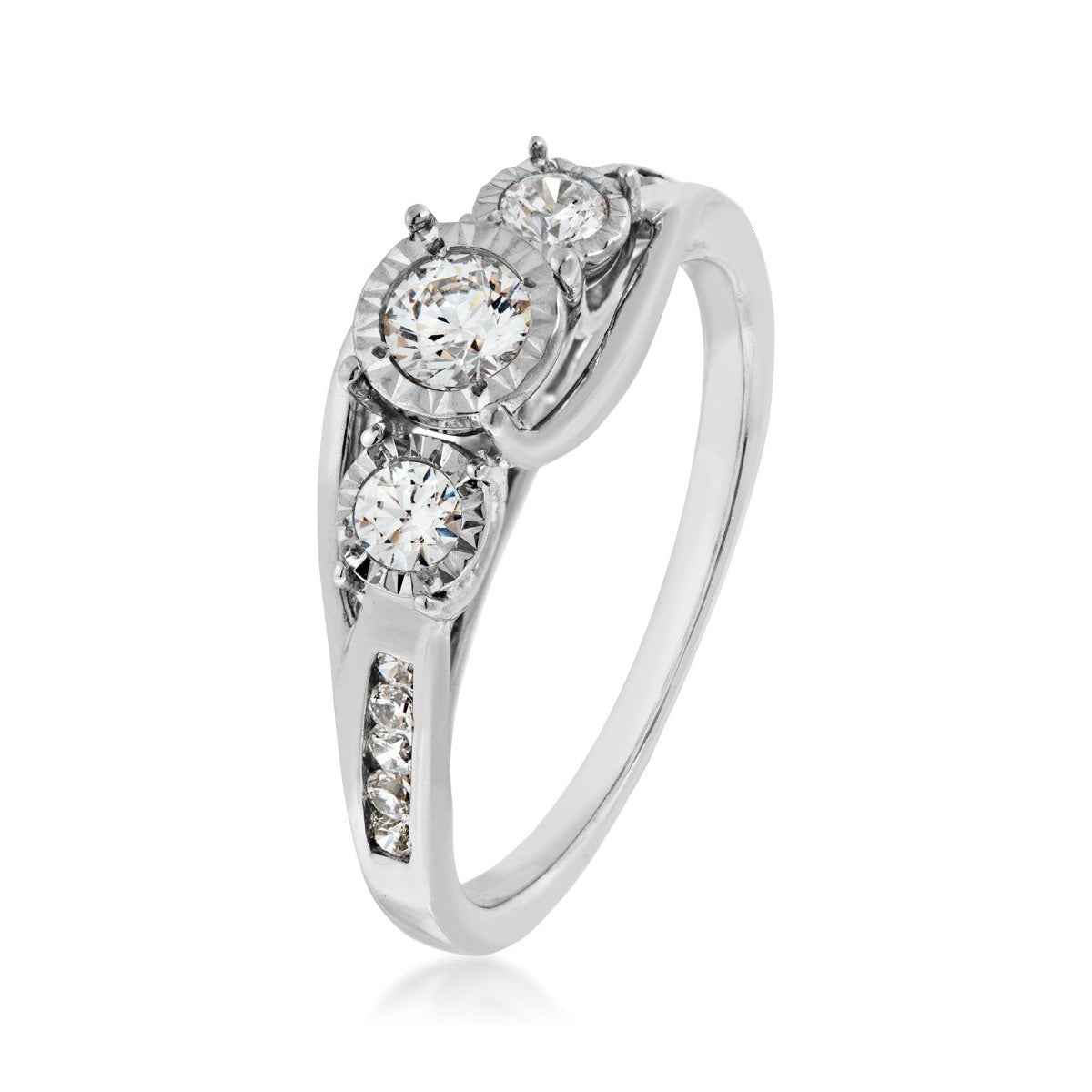 1/2 ct. tw. 3-Stone Diamond Anniversary Ring with Miracle Plating and Round Channel-Set Diamond Band in 10K White front view