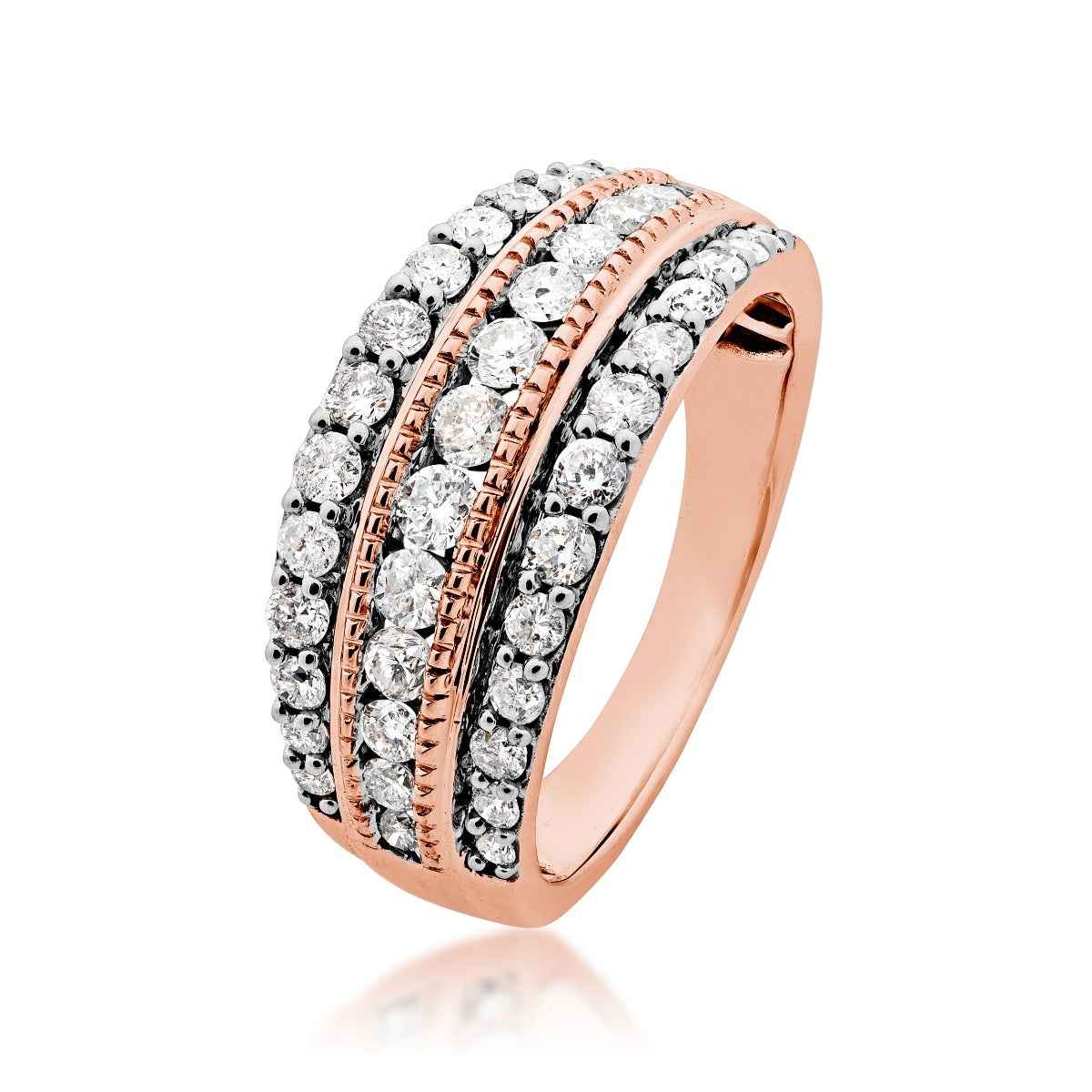 1 ct. tw. Three Row Diamond Anniversary Ring with Milgrain Detailing in 10K Pink Gold front view