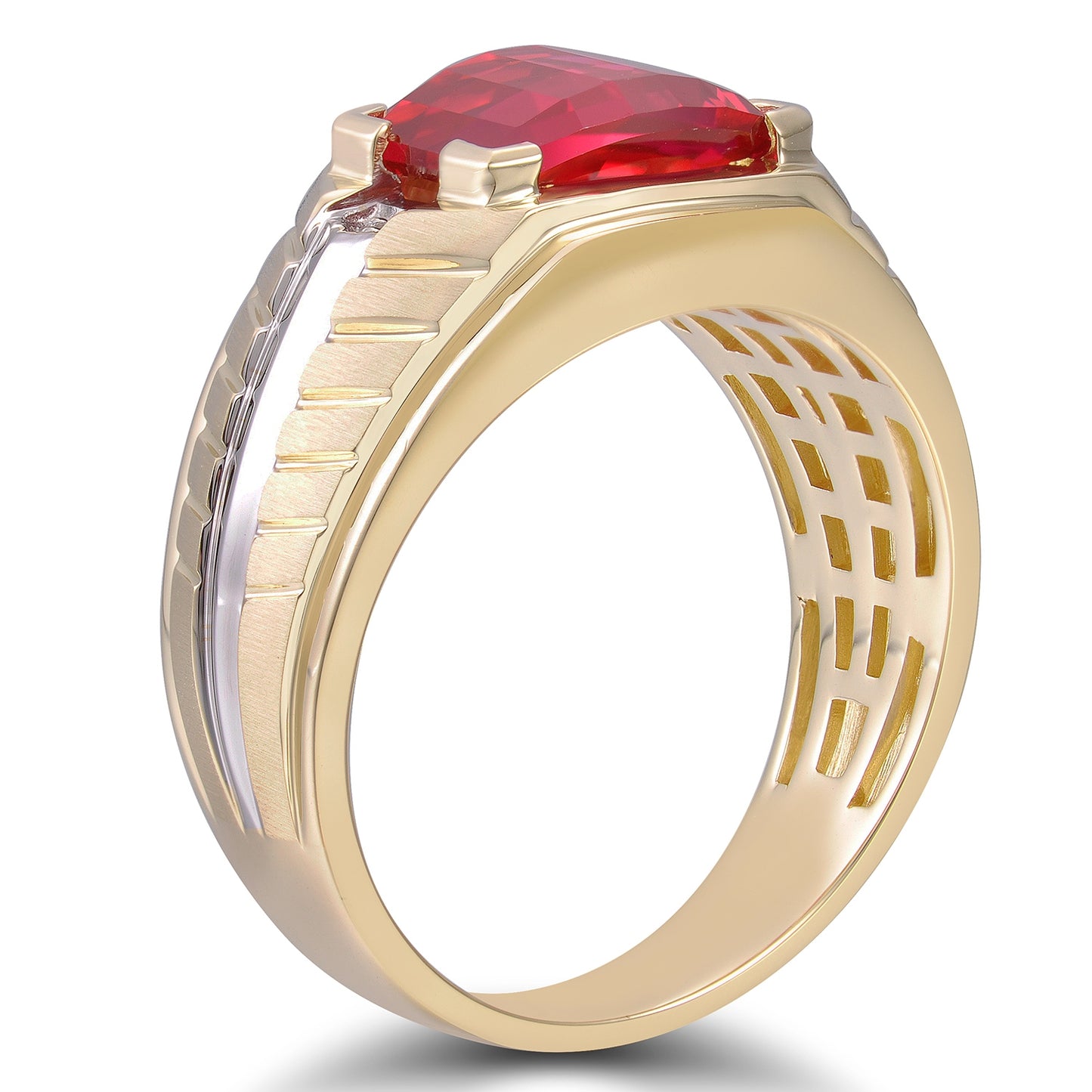 Men's Created Barrel Cut Ruby Ring with .01 ct. tw. Diamond Accents with Polished Center Line Details in 10K close-up detail