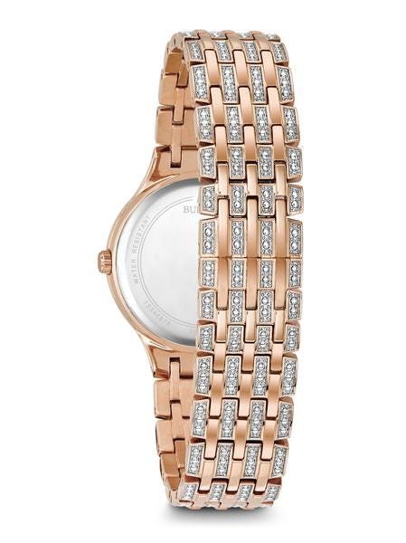 Bulova Crystal Collection Ladies' Watch in Pink Gold Toned Stainless Steel close-up detail