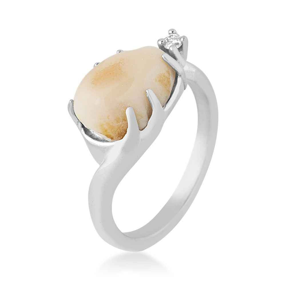Ladies' Elk Ivory Cabochon Cut & .03 ct. tw. Diamond Ring with Antler Accented Setting in Sterling Silver close-up detail