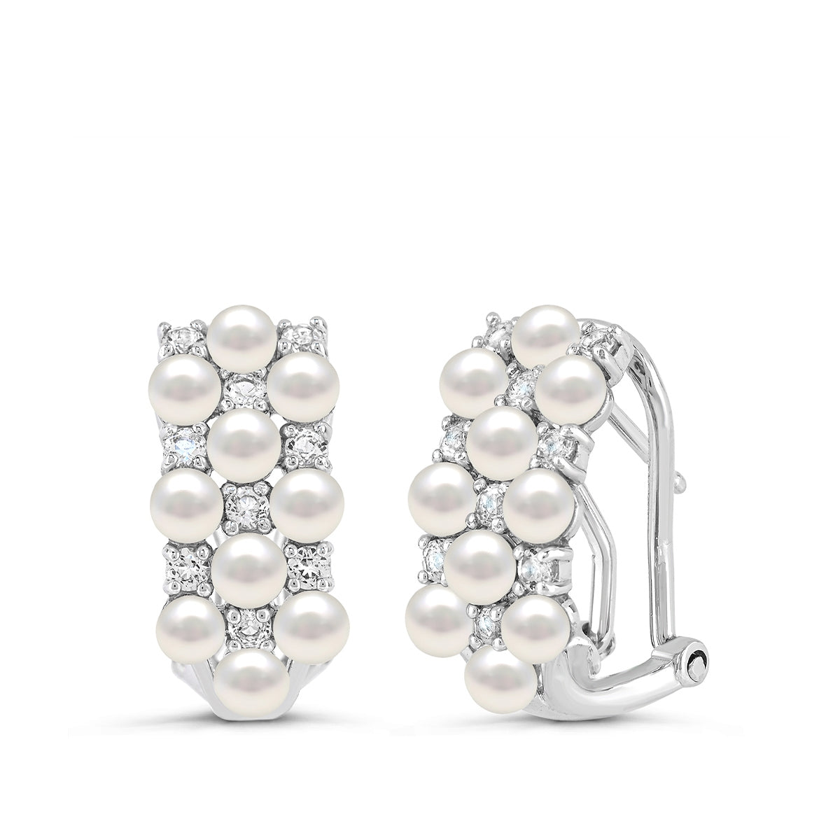 Cultured Freshwater Pearl & Created White Sapphire Multi-Row Earrings in Sterling Silver