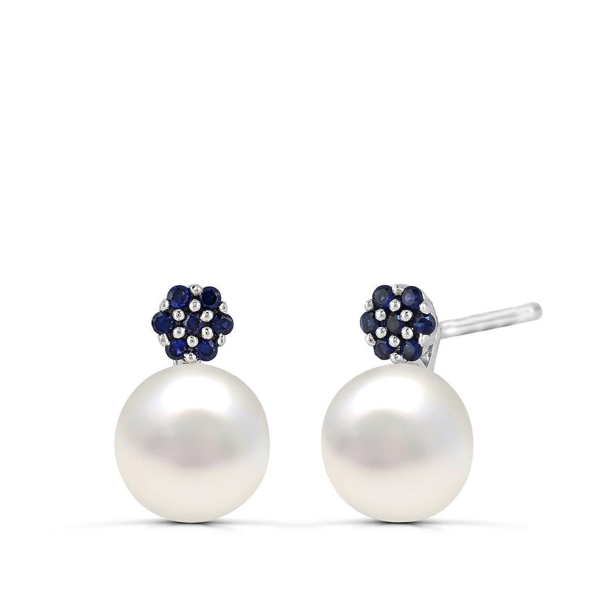 Cultured Freshwater Pearl & Created Sapphire Floral Earrings in Sterling Silver